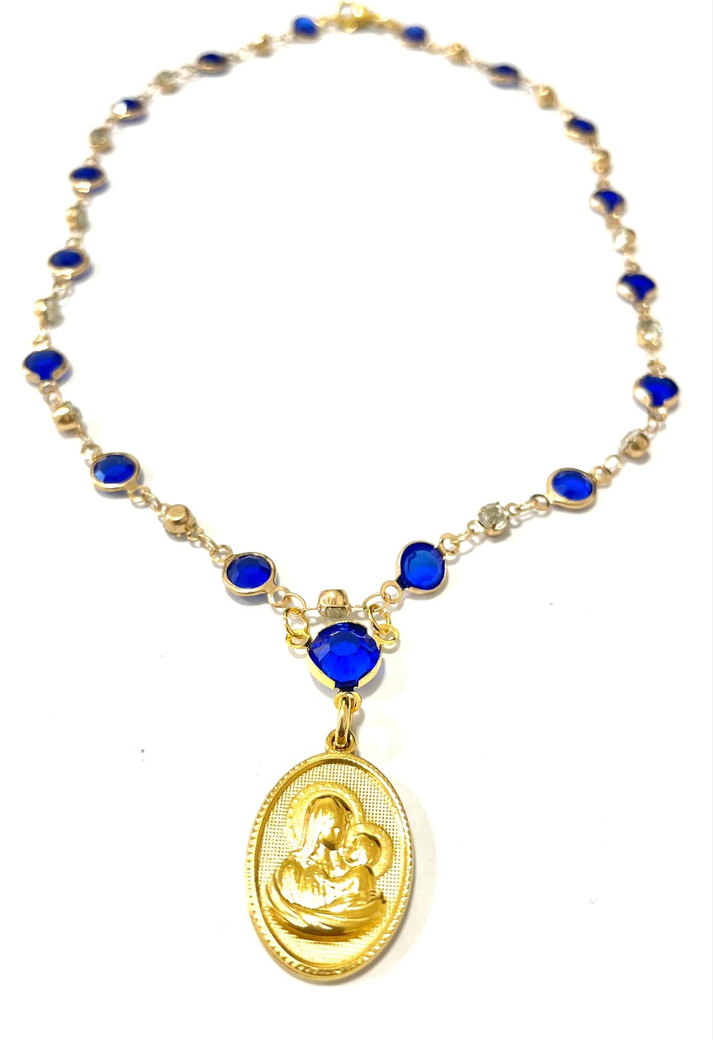 Necklace handmade stainless steel με μπλε πετρά και στοιχείο πανάγια