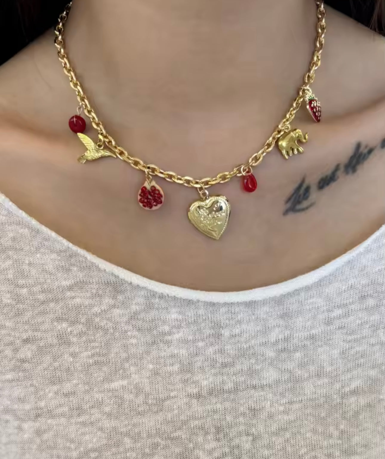 Necklace stainless steel charms red and gold