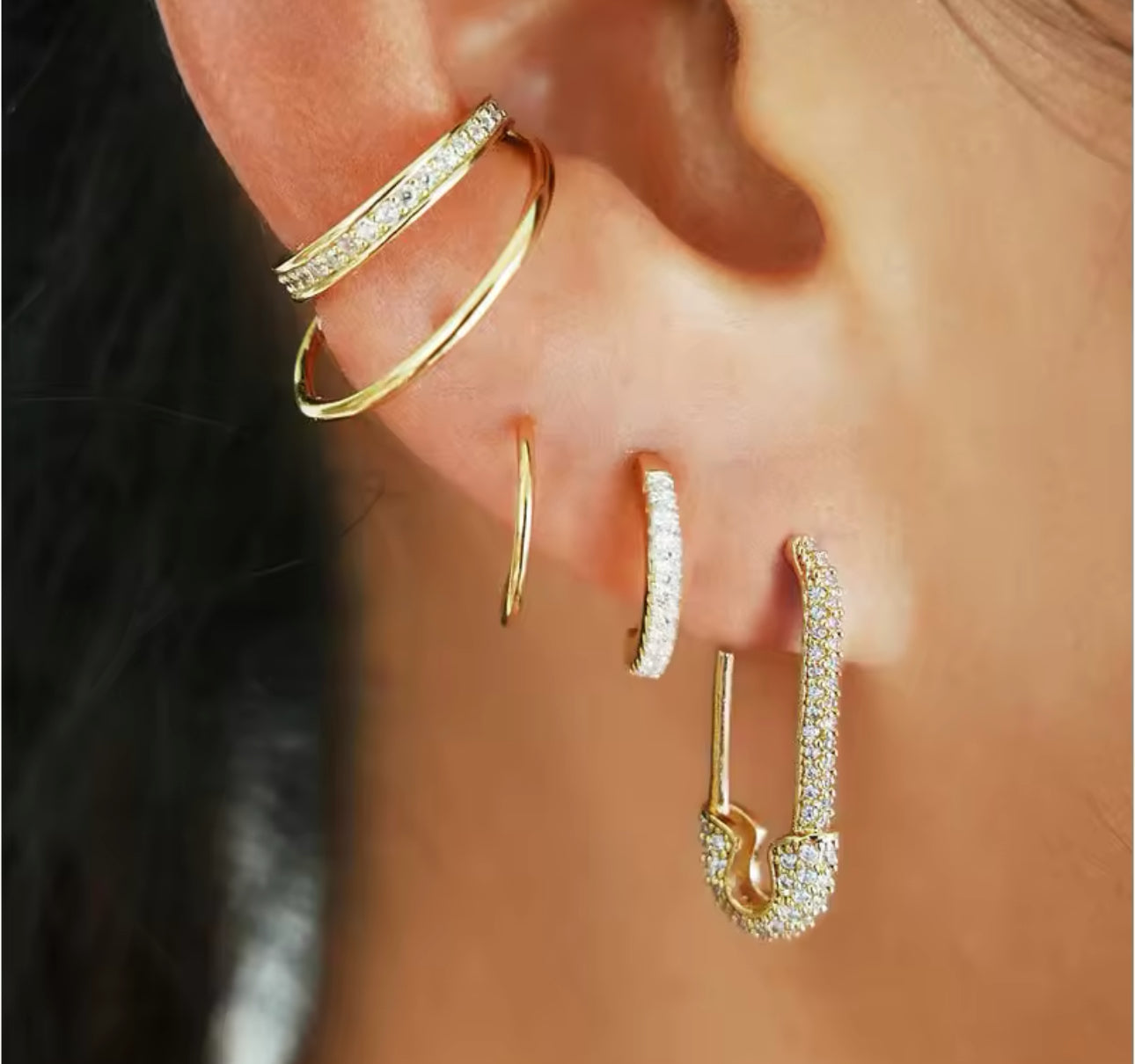 Earrings stainless steel paper clips zircons gold