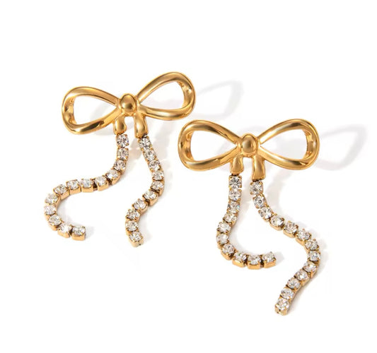 Earrings with zircons bow stainless steel gold
