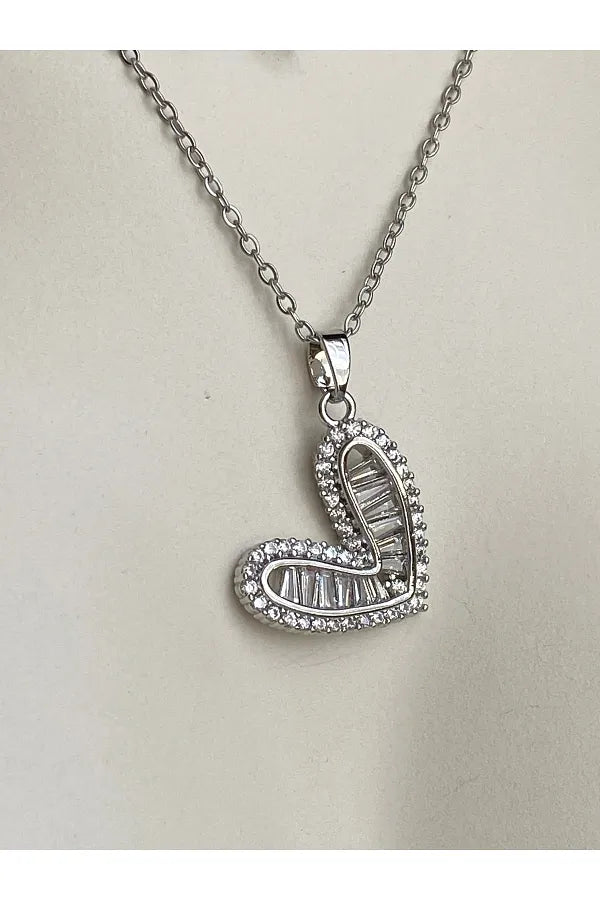 Necklace stainless steel  heart zircons silver