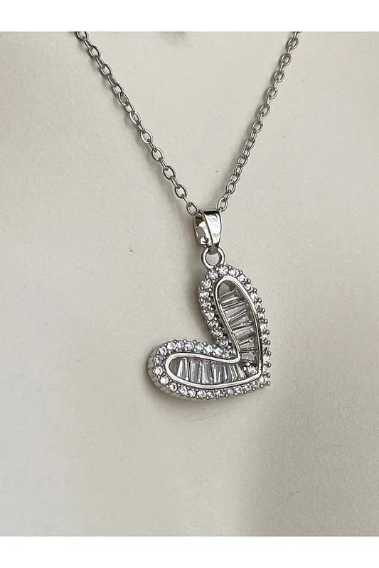 Necklace stainless steel  heart zircons silver