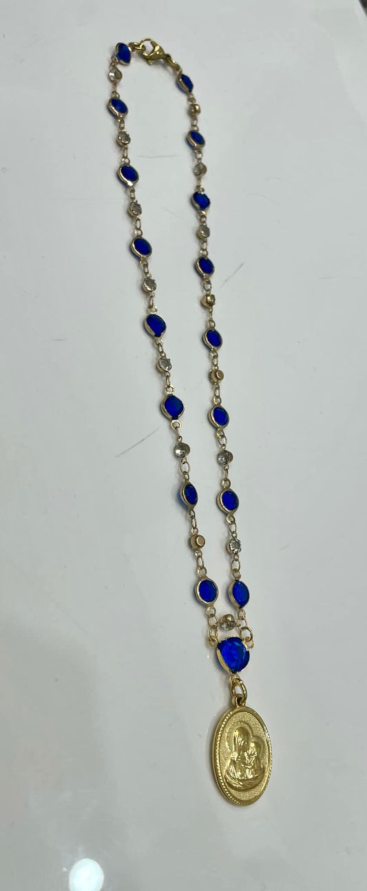 Necklace handmade  stainless steel   με μπλε πετρά και στοιχείο πανάγια