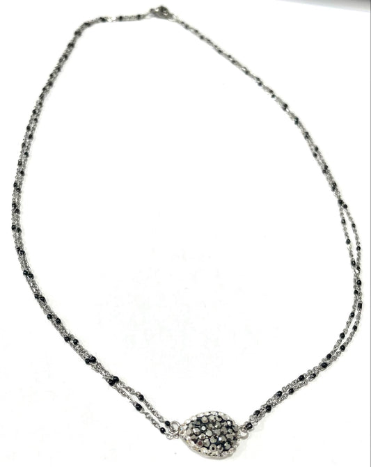 Necklace handmade  stainless steel διπλή αλυσίδα ροζάριο μαύρο και ασημένιο  και στοιχείο με zircons