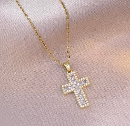 Necklace stainless steel cross full zircons