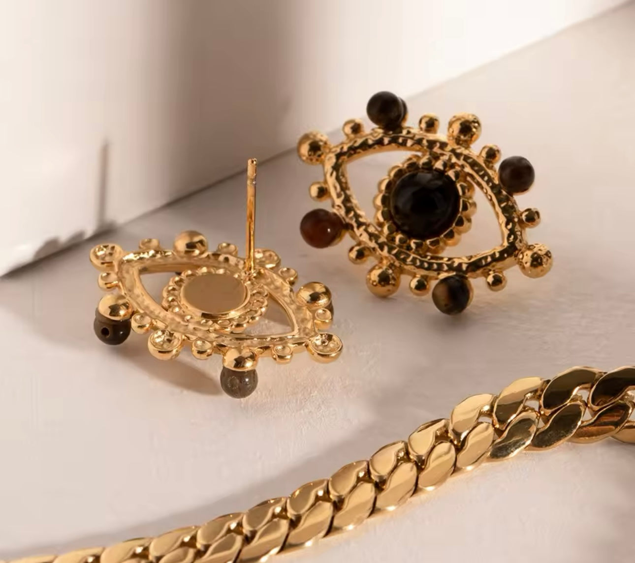 Earrings stainless steel evil eyes 18k gold