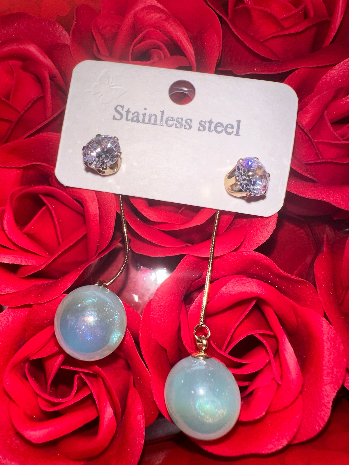 Σκουλαρίκια κρεμαστά stainless steel γαλάζια  πέρλα/ earrings